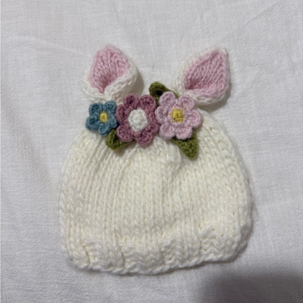 Cream Knit Bunny Beanie with Pink Ears and Floral Trim